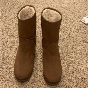 Brown fuzzy heeled boots